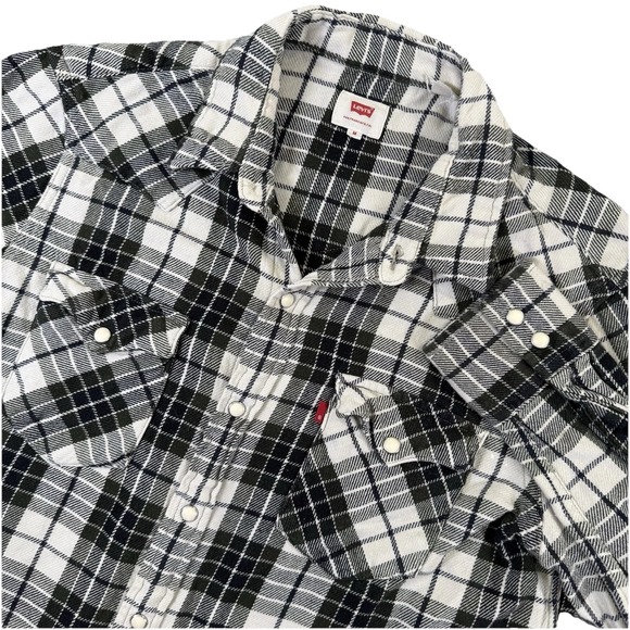 Levis Western Flannel Shirt Mens Medium Green Plaid Pearl Snap Heavyweight Shirt - Picture 1 of 6